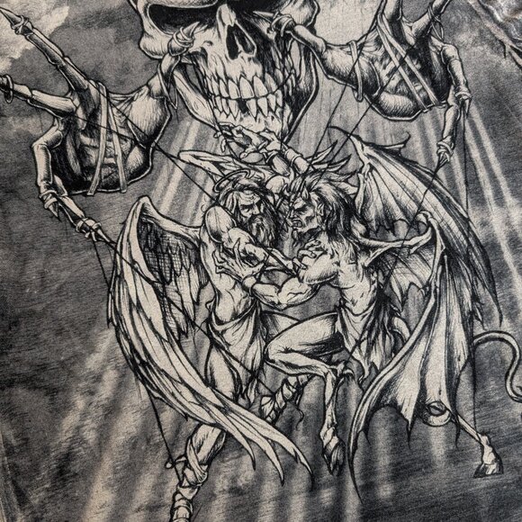 RARE Vintage Y2K Affliction Puppet Master God Vs Demon T-shirt Size Medium - Picture 2 of 4